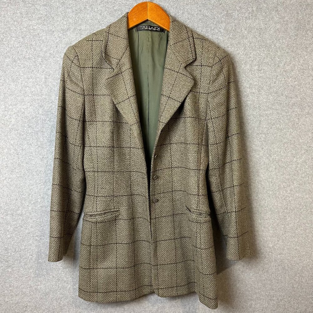 Vintage Tahari Windowpane Plaid Wool Womens Blazer Olive 6 Poetcore Academia 80s
